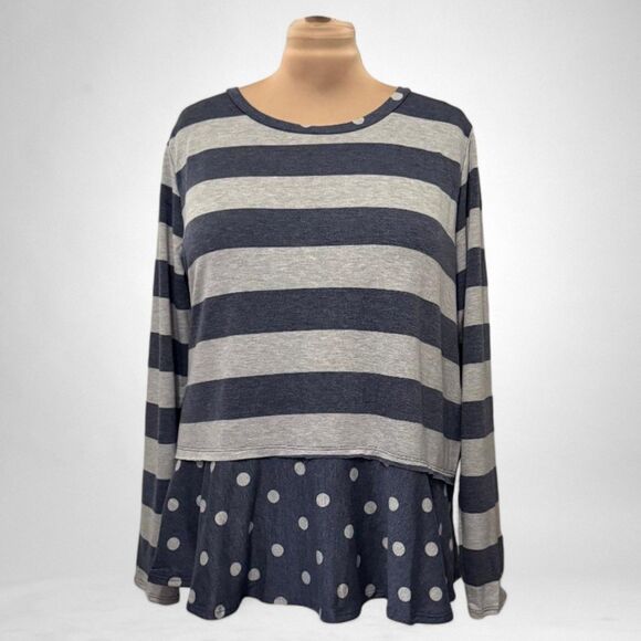 E. Luna Knit Pullover Stripe and Polka Dot Peplum Hem Top, NEW! Size 3X - Picture 1 of 7